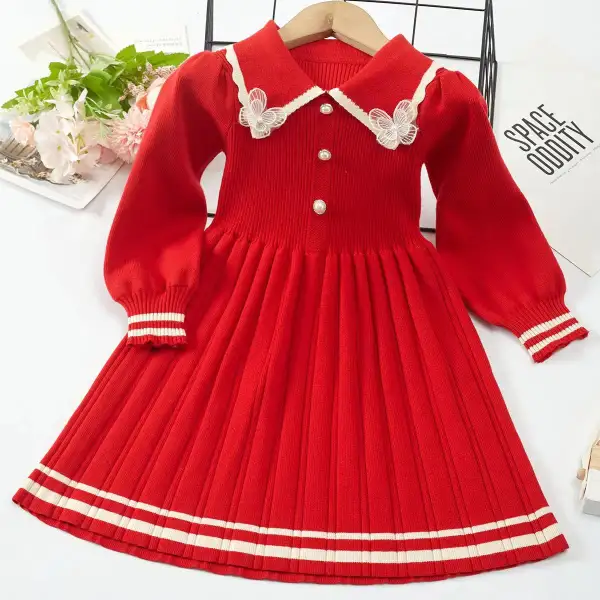 【3Y-11Y】Girls Butterfly Applique Long Sleeve Sweater Dress - 33142 - Thefolls.com 