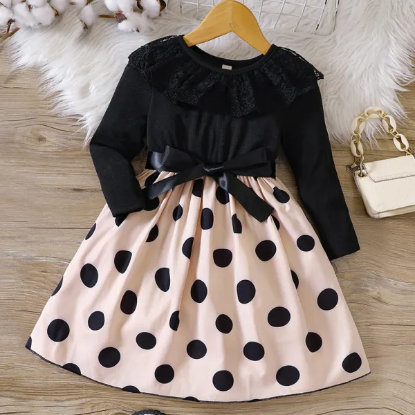 【18M-6Y】Girls Black Polka Dot Print Long Sleeve Dress - Thefolls.com 