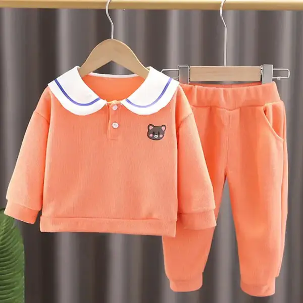 【12M-5Y】2-piece Girl Cute Cotton Cartoon Print Sailor Collar Sweatshirt And Pants Set - Thefolls.com 