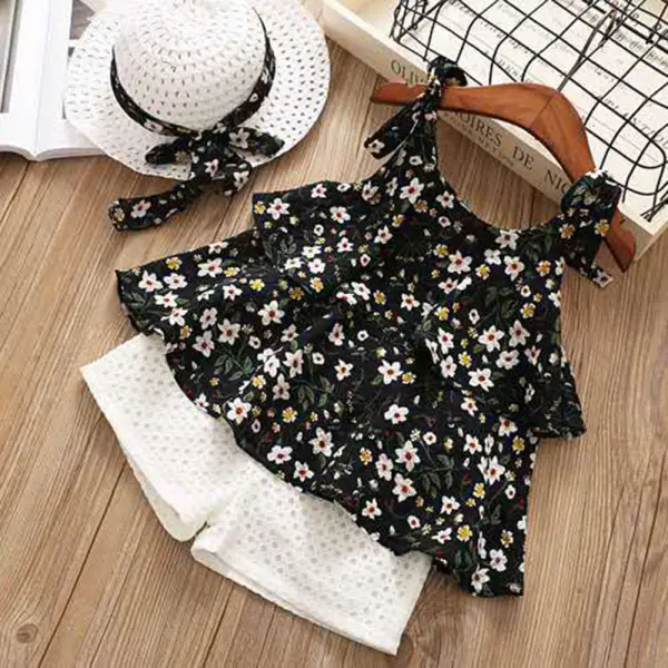 【2Y-8Y】3-piece Girls Chiffon Floral Top And Lace Shorts Set With Hat - Thefolls.com 