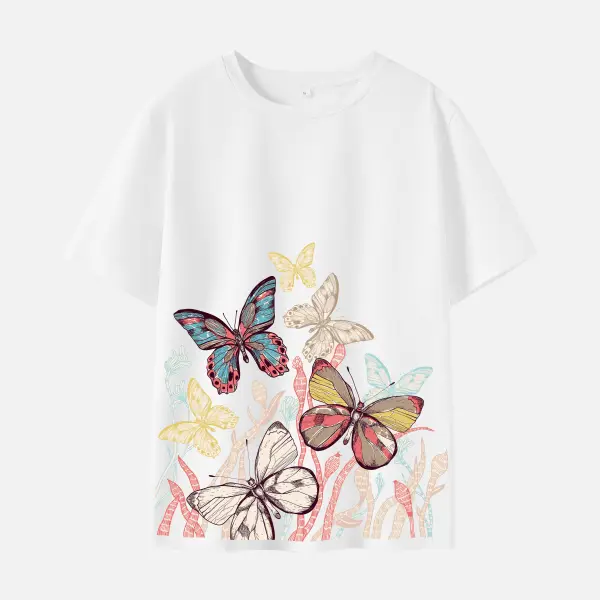 Women Cotton Stain Resistant Butterfly Print Short Sleeve T-shirt - Thefolls.com 