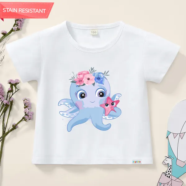 【12M-9Y】Girl Cotton Stain Resistant Octopus Floral Prints Short Sleeve Tee - Thefolls.com 