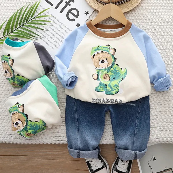 【12M-5Y】2-piece Boys Casual Cartoon Bear Print Sweatshirt And Jeans Set - Thefolls.com 