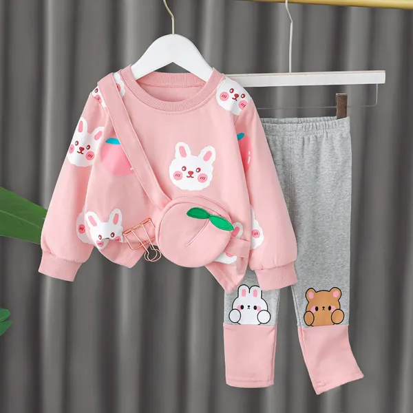 【9M-4Y】2-piece Girl Cute Cartoon Rabbit Print Sweatshirt And Colorblock Leggings Set - Thefolls.com 