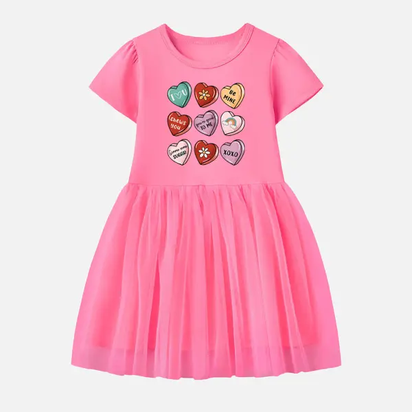 【12M-7Y】Girl Cotton Stain Resistant Heart Print Splicing Tulle Short Sleeve Dress - Thefolls.com 