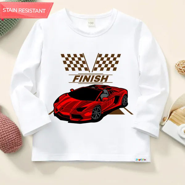 【12M-9Y】Boy Car And Letters Print Cotton Stain Resistant White Long Sleeve T-shirt - Thefolls.com 