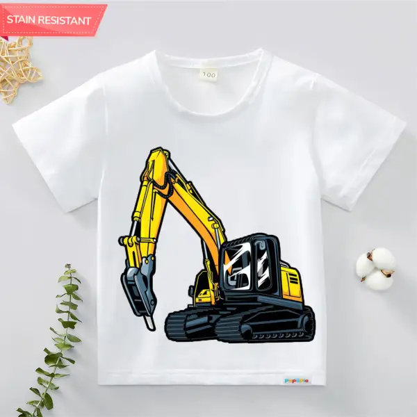 【12M-9Y】Boy Cotton Stain Resistant Excavator Print Short Sleeve Tee - Thefolls.com 