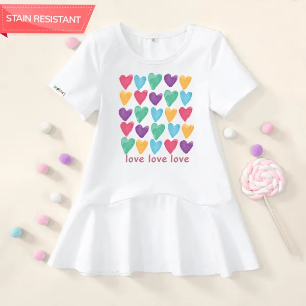 【18M-7Y】Girl Stain Resistant Cotton Heart Print Short-sleeve Dress - 7338 - Thefolls.com 