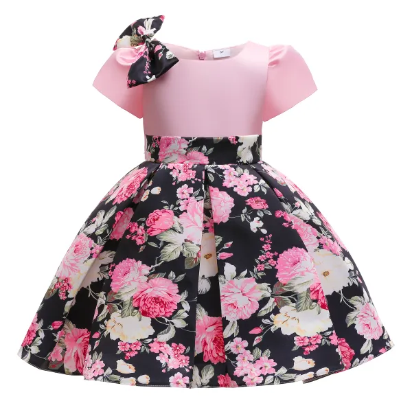 【3Y-10Y】Girl Pink Floral Print Bowknot Princess Dress - Thefolls.com 