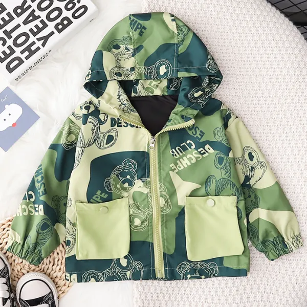 【12M-5Y】Boys Casual Cartoon Bear And Camouflage Print Green Hooded Jacket - Thefolls.com 