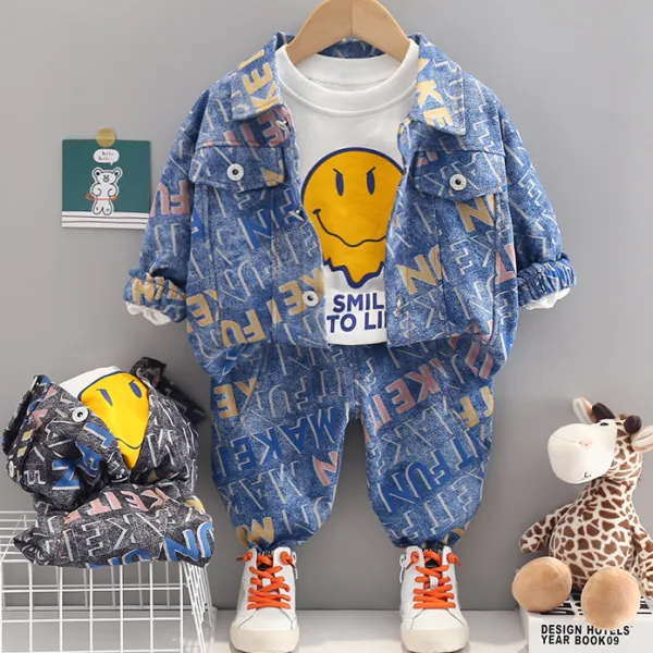 【12M-5Y】3-piece Boys Casual Cartoon Print T-shirt And Letter Print Denim Jacket And Jeans Set - 4442 - Thefolls.com 