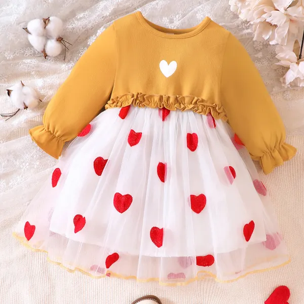 【6M-3Y】Baby Girls Cute Heart Shape Print Round Neck Long Sleeve Dress - Thefolls.com 