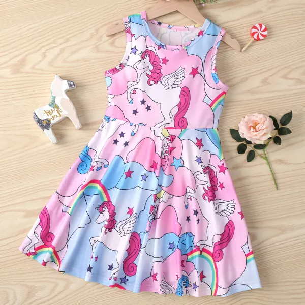 【3Y-11Y】Girl Unicorn Print Sleeveless Dress - Thefolls.com 