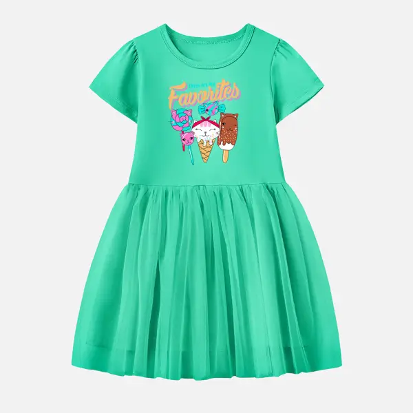 【12M-7Y】Girl Cotton Stain Resistant Ice Cream Print Splicing Tulle Short Sleeve Dress - Thefolls.com 