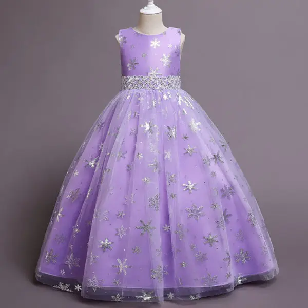 【4Y-13Y】Girls Sweet Snowflake Print Sleeveless Princess Dress - Thefolls.com 