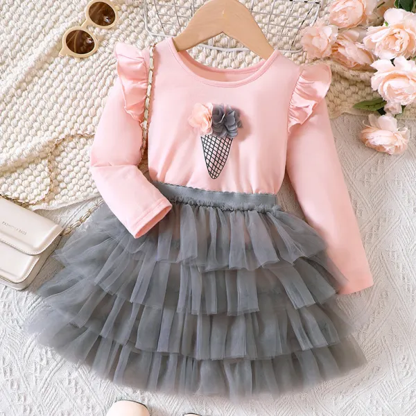 【18M-6Y】2-piece Girls Pink Ice Cream Print Long Sleeve T-shirt And Mesh Skirt Set - Thefolls.com 