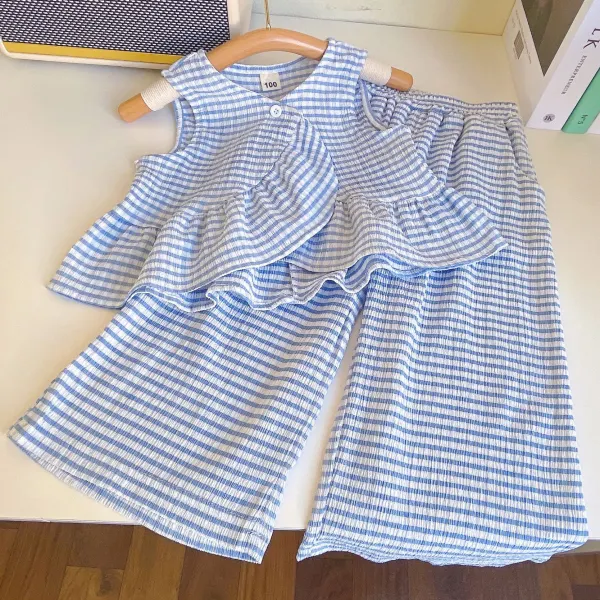 【2Y-9Y】2-piece Girls Fashion Blue Plaid Ruffle Sleeveless Top And Pants Set - 34369 - Thefolls.com 