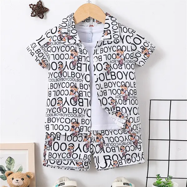 【9M-6Y】2-piece Boy Casual Letter Bear Print Lapel Short Sleeve Shirt And Shorts Set - Thefolls.com 