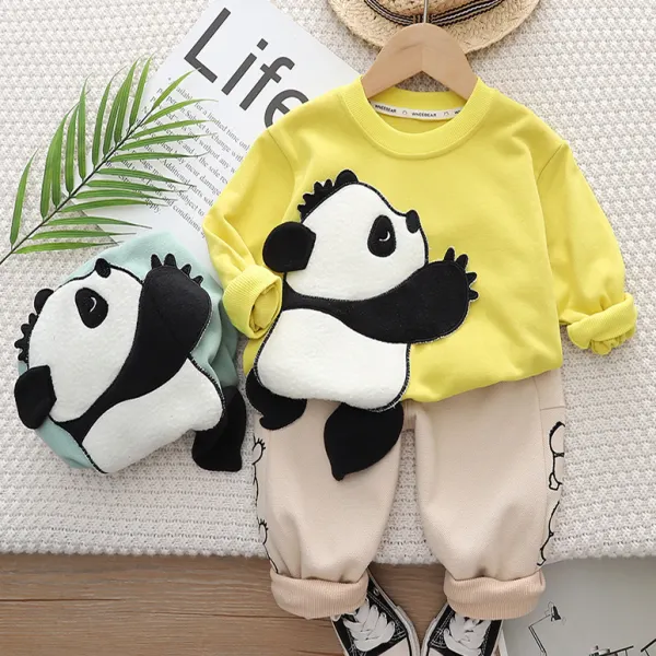 【12M-5Y】2-piece Boys Casual 3D Panda Print Round Neck Long Sleeve Sweatshirt And Pants Set - Thefolls.com 