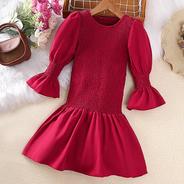 【3Y-7Y】Girls Sweet Red Ruffle Slim Dress - Thefolls.com 