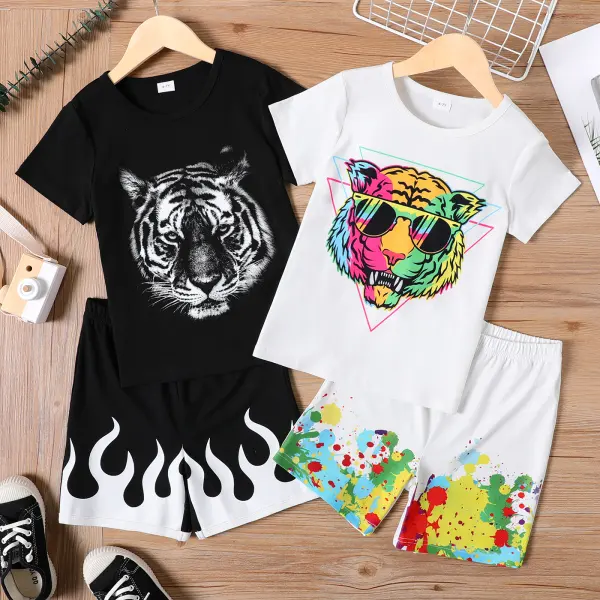 【4Y-13Y】2-piece Boys Casual Tiger Print Short Sleeve T-shirt And Shorts Set - Thefolls.com 