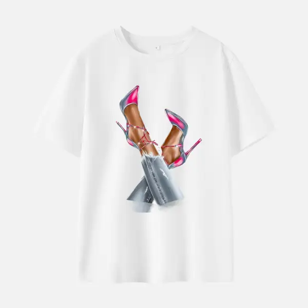 Women Fashion Woman High Heel Print Cotton Stain Resistant Short Sleeve T-shirt - Thefolls.com 