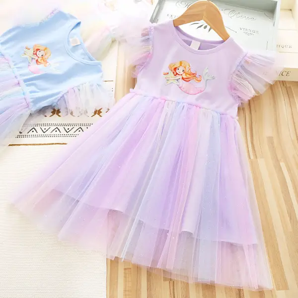 【18M-8Y】Girls Mermaid Print Gradient Mesh Short-sleeved Dress - Thefolls.com 