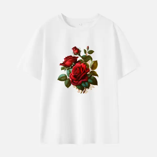 Women Floral Print Cotton Stain Resistant Short Sleeve T-shirt - Thefolls.com 