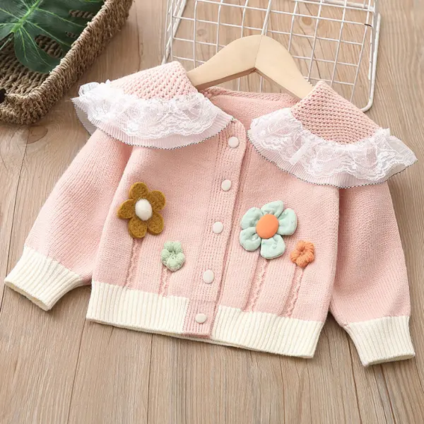 【12M-5Y】Toddler Girl Cute Flower Embroidered Lace Collar Sweater Cardigan - Thefolls.com 