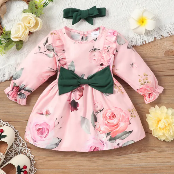 【6M-3Y】Baby Girl Cute Sweet Pink Floral Print Bowknot Long Sleeve Dress With Headband - Thefolls.com 