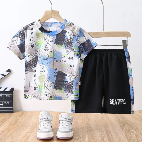 【2Y-13Y】2-piece Kids Casual Print Short Sleeve Quick Dry T-shirt And Shorts Set - Thefolls.com 