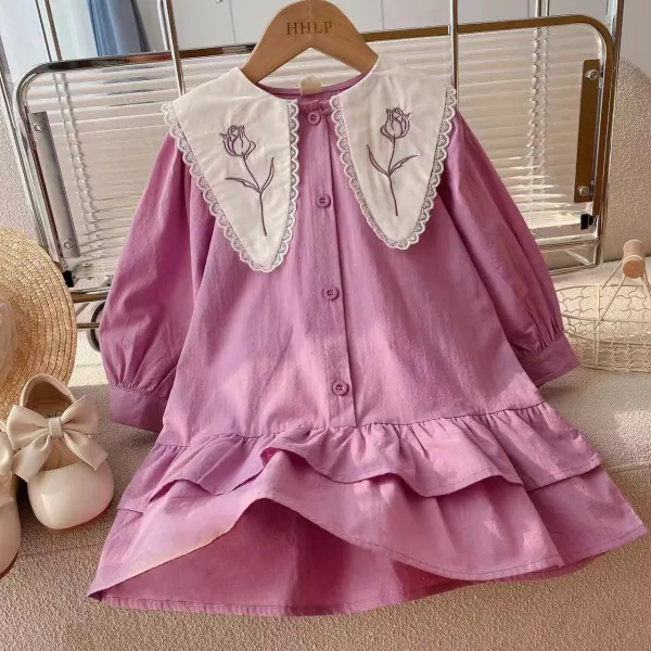 【18M-8Y】Girl Sweet Pink Purple Floral Embroidered Large Lapel Color Block Long Sleeve Dress - Thefolls.com 