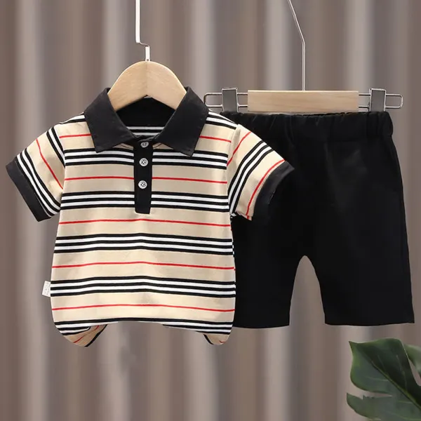 【9M-3Y】2-piece Boys Striped Short Sleeves T-shirt And Shorts Set - Thefolls.com 