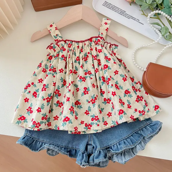 【12M-7Y】2-piece Girls Fashion Flower Print Camisole Top And Blue Denim Shorts Set - 34378 - Thefolls.com 