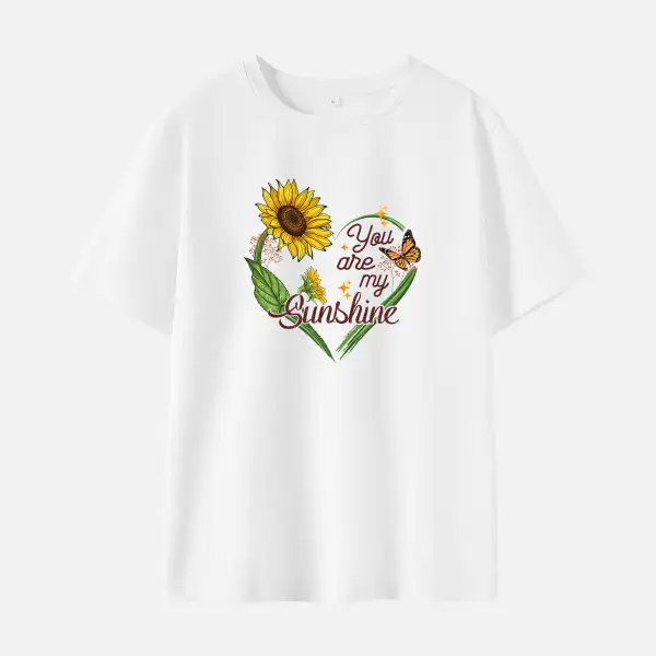 Women Sunflower Letter Heart Shape Print Cotton Stain Resistant Short Sleeve T-shirt - Thefolls.com 