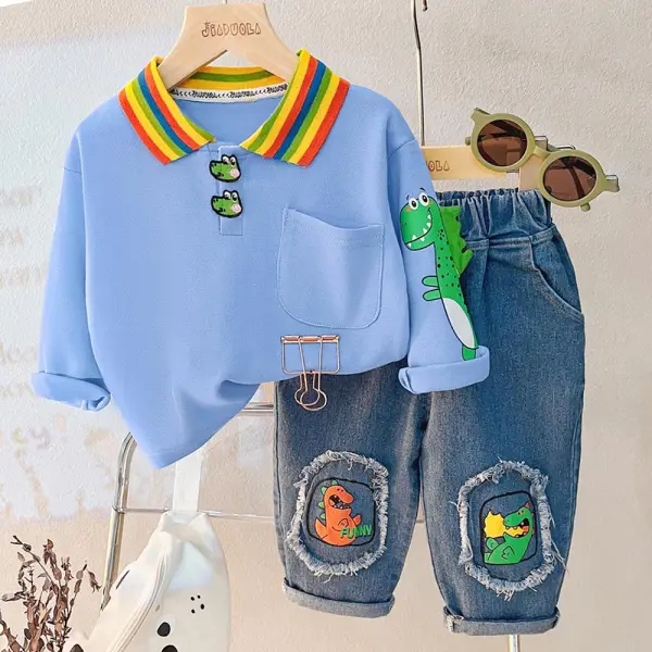 【9M-4Y】2-piece Boys Dinosaur Print Long-sleeved Sweatshirt And Jeans Set - Thefolls.com 