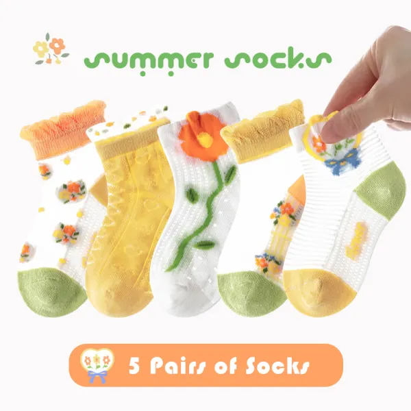 【1Y-12Y】5-pairs Of Socks Girls Cute Flowers And Fruits And Cartoon Embroidered Thin Socks Set - Thefolls.com 