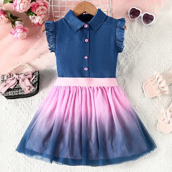 【2Y-7Y】2-piece Girls Casual Blue Denim Shirt And Ombre Mesh Skirt Set - Thefolls.com 