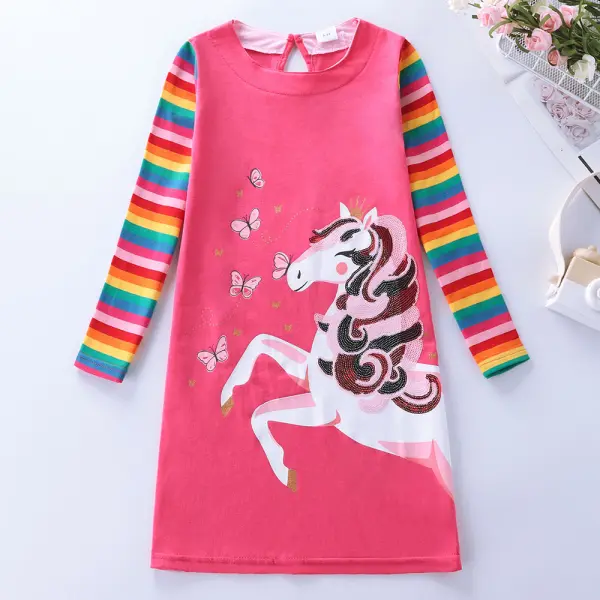 【3Y-8Y】Girls Rainbow Stripe Sequin Unicorn Embroidered Long Sleeve Dress - Thefolls.com 