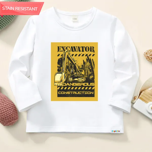 【12M-9Y】Boys Excavator And Letters Print Cotton Stain Resistant Long Sleeve T-shirt - Thefolls.com 