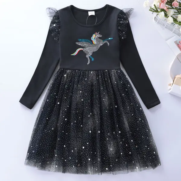 【3Y-8Y】Girls Black Sequin Unicorn Embroidered Star Mesh Long Sleeve Dress - Thefolls.com 