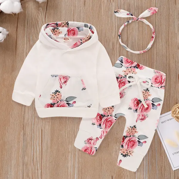 【9M-7Y】Girl 3-piece Floral Hooded Sweatshirt And Pants Set With Headband - 34166 - Thefolls.com 