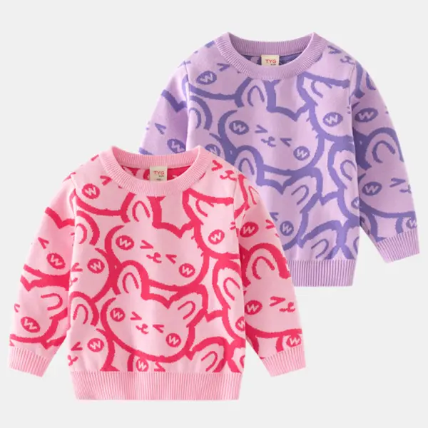 【2Y-8Y】Girl Bunny Pattern Round Neck Long Sleeve Sweater - Thefolls.com 