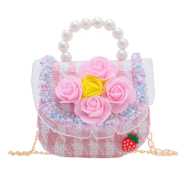 Girls 3D Flower Tweed Evening Bag Pearl Handle Crossbody - Thefolls.com 