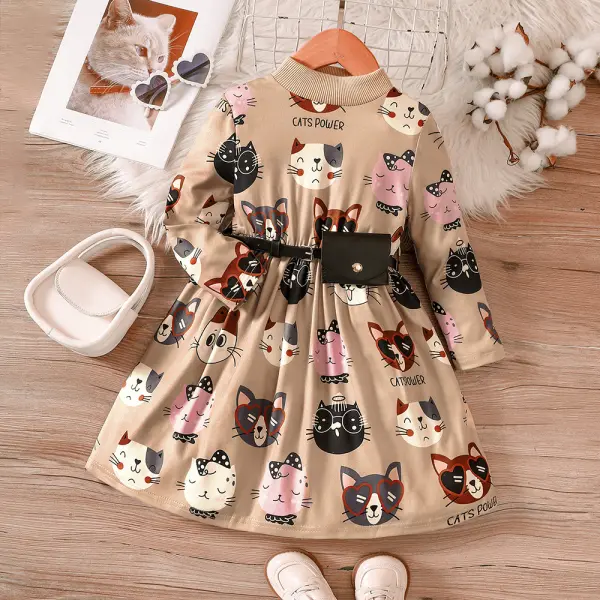 【18M-6Y】2-piece Girl Cute Cartoon Cat Print Long Sleeve Dress With Fanny Pack - Thefolls.com 