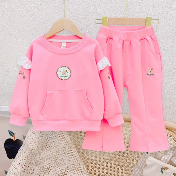 【18M-6Y】2-piece Girl Cute Cotton Floral Embroidery Ruffle Round Neck Sweatshirt And Pants Set - Thefolls.com 