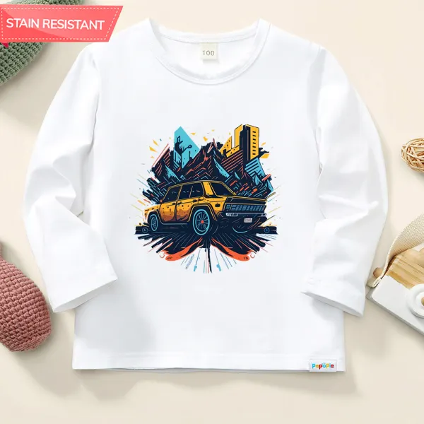 【12M-9Y】Boys Car Print Cotton Stain Resistant Long Sleeve T-shirt - Thefolls.com 