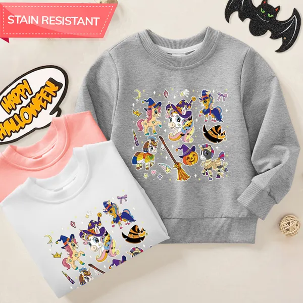 【12M-9Y】Girl Halloween Pumpkin And Unicorn Print Cotton Stain Resistant Long Sleeve Sweatshirt - Thefolls.com 