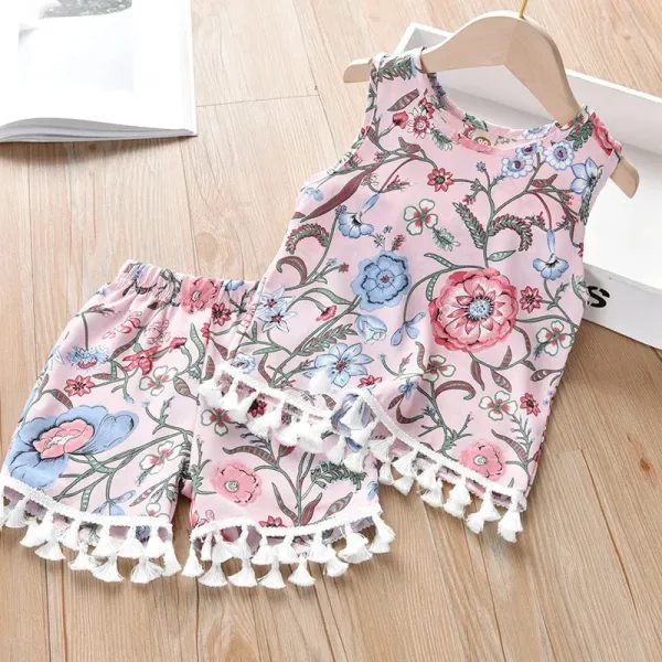 【18M-7Y】Girl Summer Sweet Vacation Floral Print Tassel Sleeveless Top And Shorts Set - Thefolls.com 