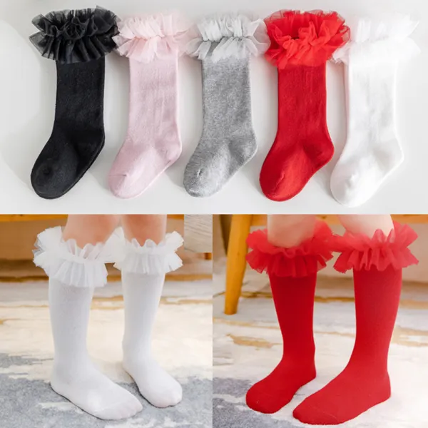 Baby Girl Solid Color Mesh Lace Mid Tube Socks - Thefolls.com 